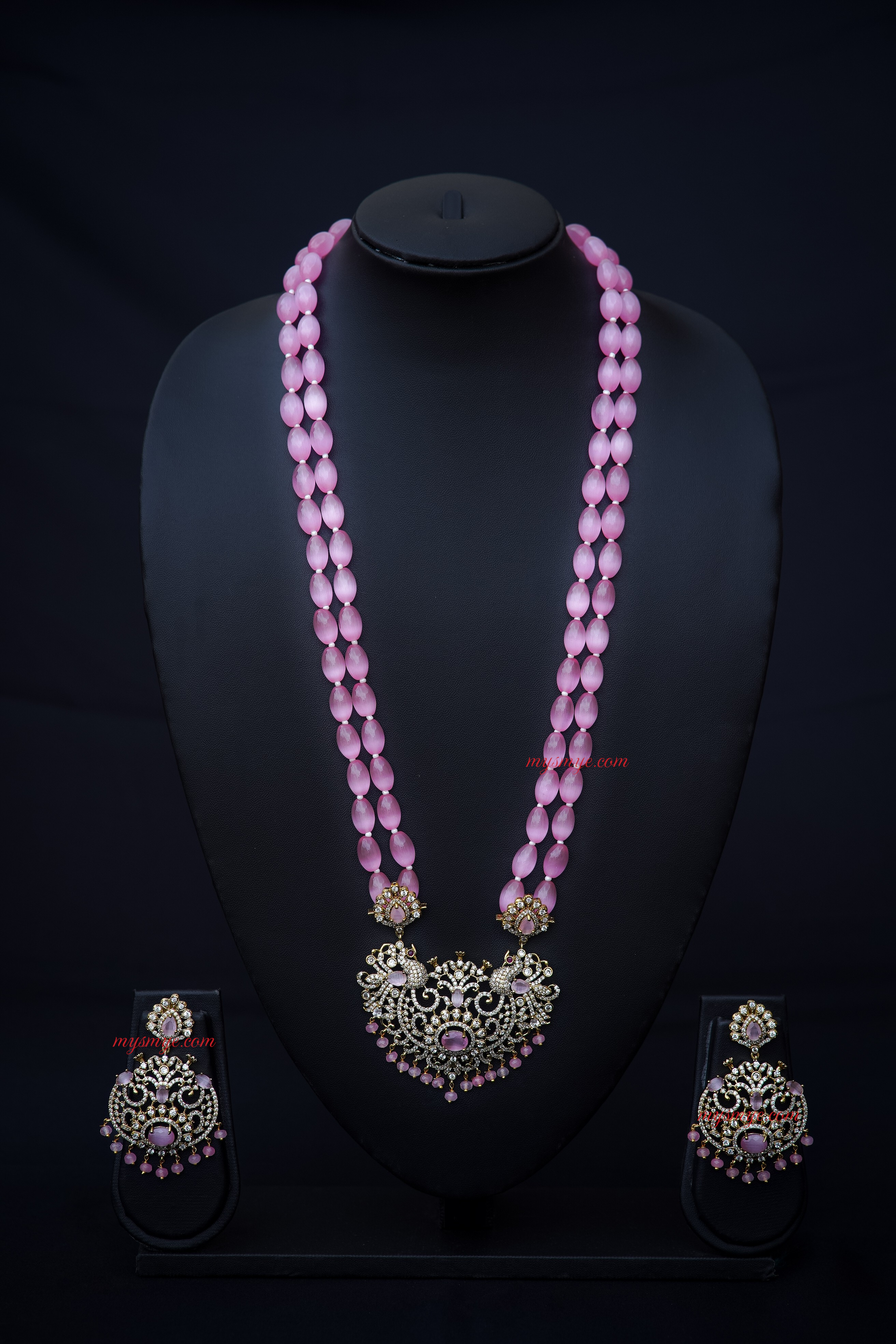 MySMyE - Regal & Long - Exquisite Dual-Strand Pink Monalisa Bead Necklace Set