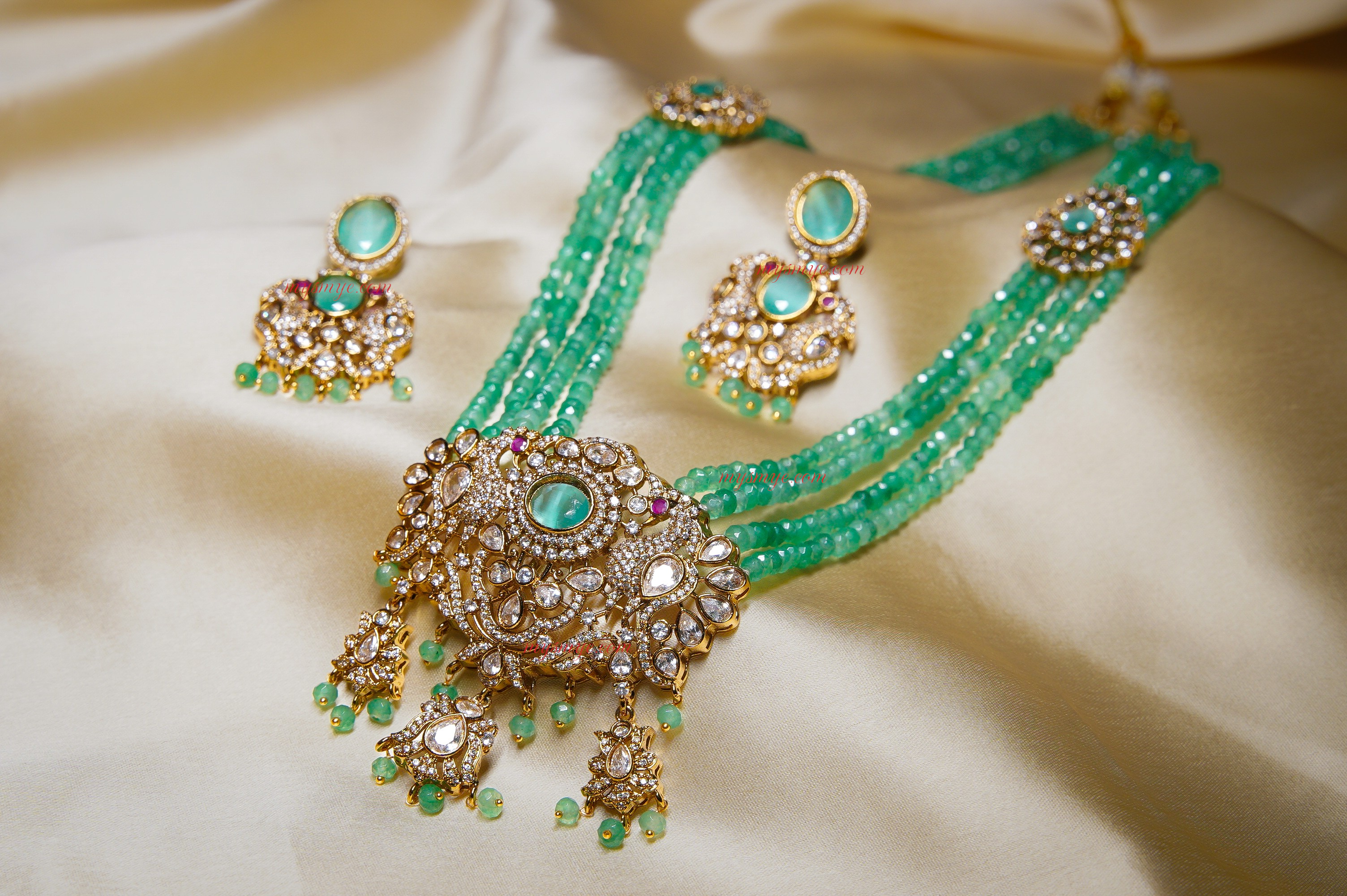 MySMyE - Regal Onyx Beaded Kundan Necklace Set with Earrings