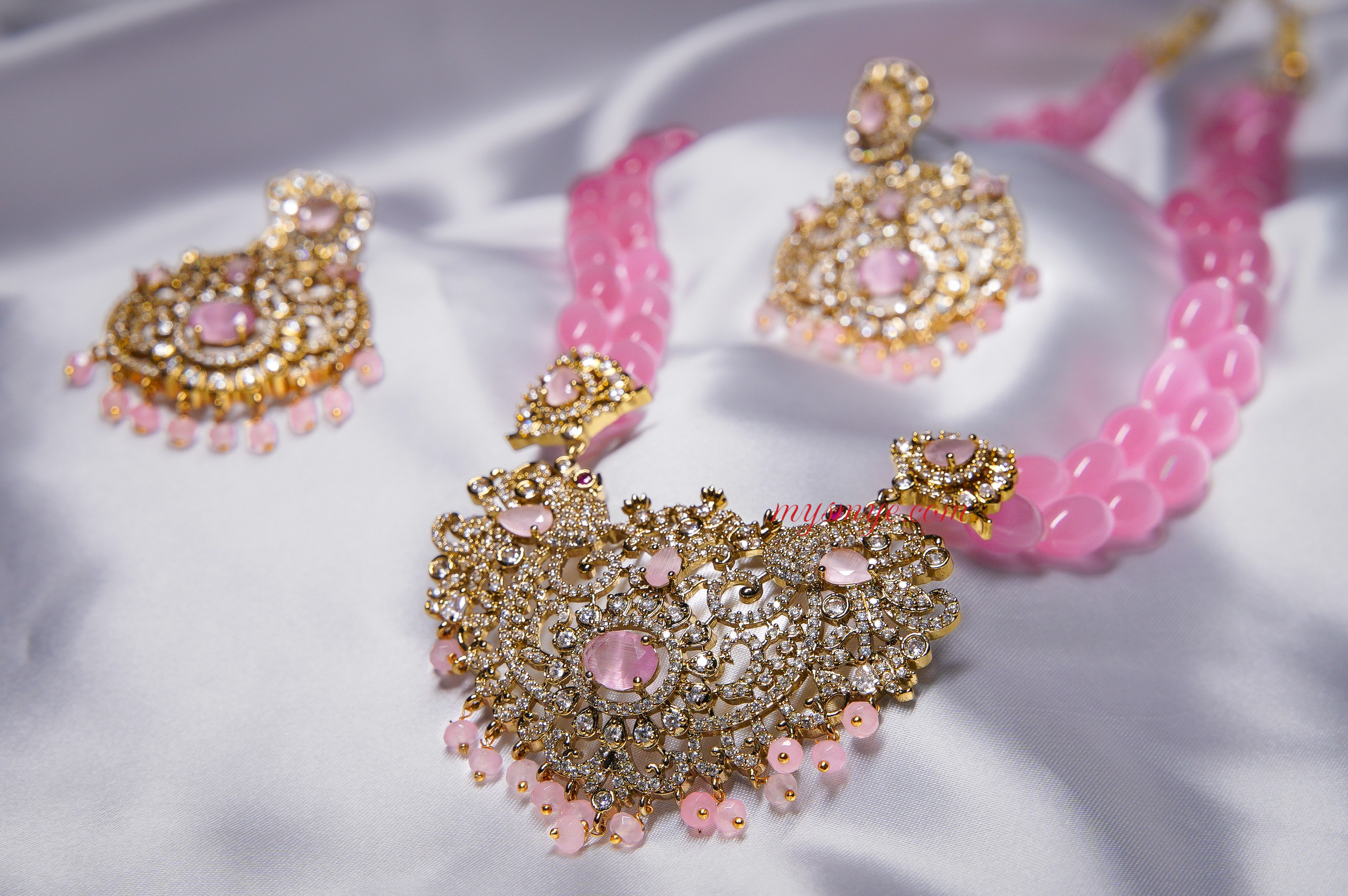 MySMyE - Regal & Long - Exquisite Dual-Strand Pink Monalisa Bead Necklace Set