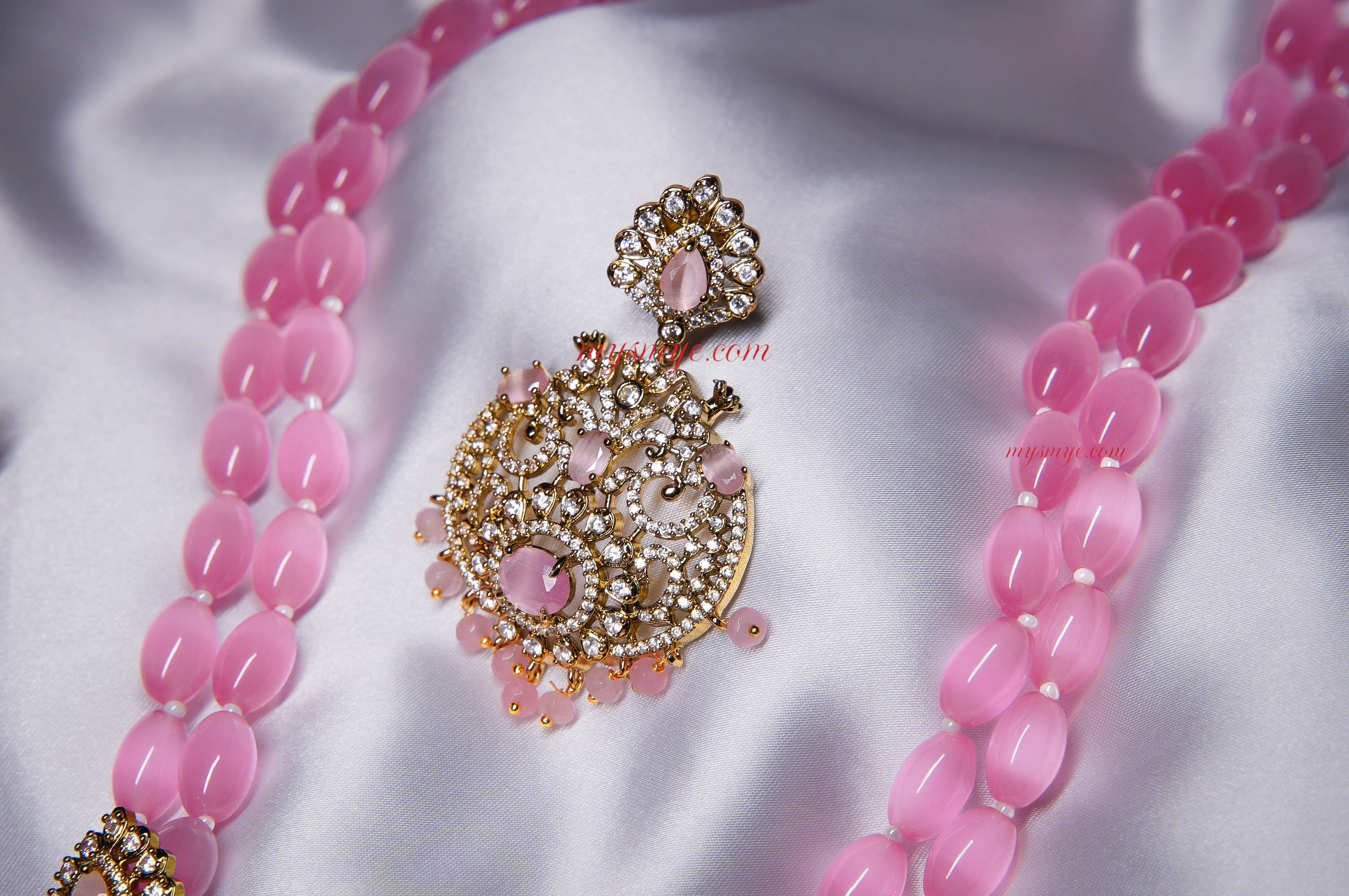 MySMyE - Regal & Long - Exquisite Dual-Strand Pink Monalisa Bead Necklace Set